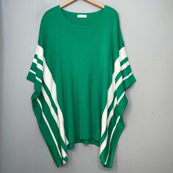 Calvin Klein Womens One Size Kelly Green White Stripe Poncho Sweater Preppy Chic - Picture 1 of 8